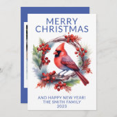 Foto Kardinal Wreath Blue Holiday Card Einladung (Vorne/Hinten)