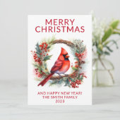 Foto Kardinal Wreath Red Holiday Card Einladung (Stehend Vorderseite)