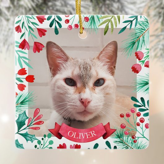 Foto Katze oder Hund Wasserfarbener Winter Botanic Keramikornament
