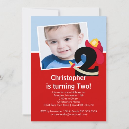 Foto-kleiner Feuerwehrmann-Jungen-2. Einladung (Vorderseite)