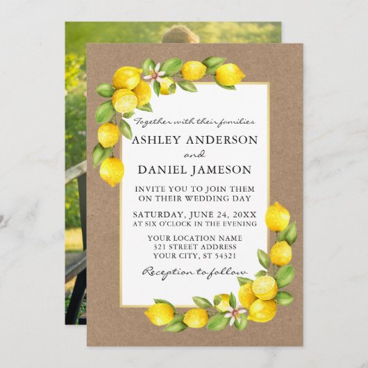 Foto Kraft Wedding Watercolor Lemons Greenerity Einladung (Vorne/Hinten)