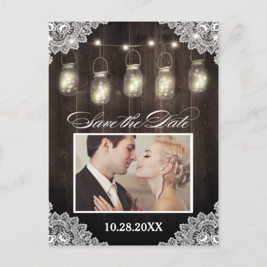 Foto Lace Wood Mason Jar Save the Date Postkarten (Vorderseite)