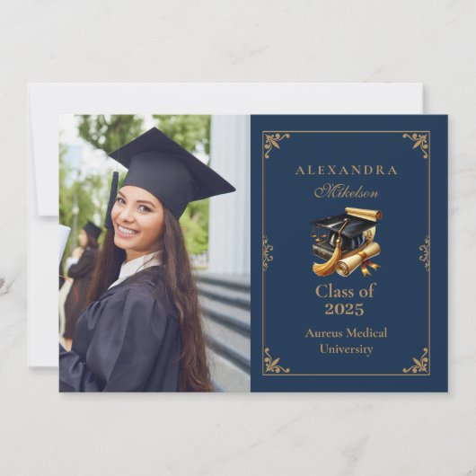 Foto Law School Abschluss Moderne Navy Blue Gold Ankündigung (Vorderseite)