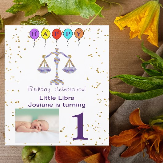 Foto & Libra Geburtstag mit Gold & Balloons Einladung