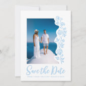 Foto Light Blue Hand Drawing Rose QR Code Website Save The Date (Vorderseite)