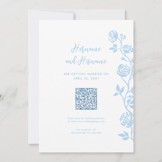 Foto Light Blue Hand Drawing Rose QR Code Website Save The Date (Rückseite)