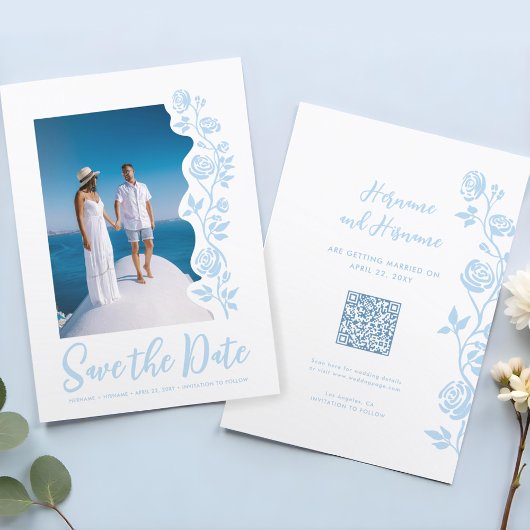 Foto Light Blue Hand Drawing Rose QR Code Website Save The Date