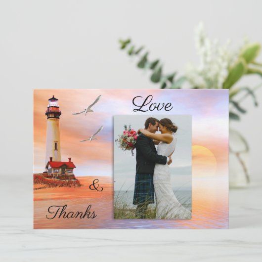 Foto Lighthouse Beach Hochzeit Danke Karte (Stehend Vorderseite)