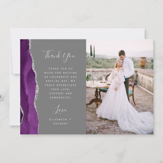 Foto Lila Agate Silver Gray Script Wedding Dankeskarte (Vorderseite)