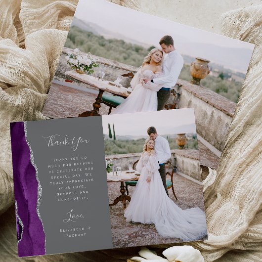 Foto Lila Agate Silver Gray Script Wedding Dankeskarte