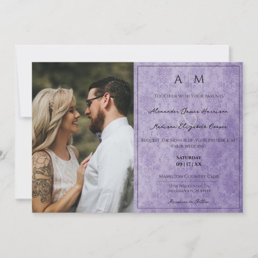 Foto Lila Damask Monogram Wedding Einladung (Vorderseite)