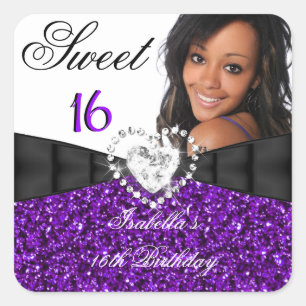 Foto Lila Glitter Silber Sweet 16 16. Geburtstag Quadratischer Aufkleber