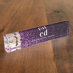 Foto lila Glitzer Monogramm Initialen Name Namensplakette