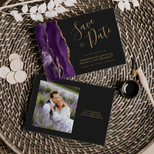 Foto Lila Gold Achat Dunkle Hochzeit Save the Date Einladung