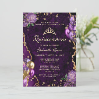 Foto Lila Gold Floral Agate Quinceanera Einladung