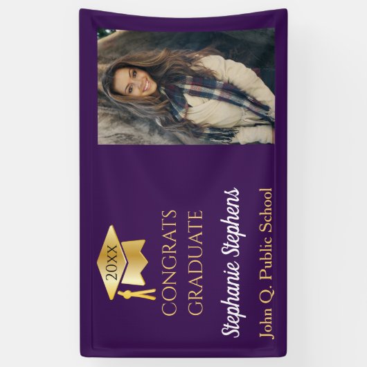 Foto Lila Gold Glückwunsch Graduierungsname | Schu Banner (Vertikal)
