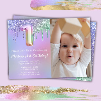 Foto Lila Pink Glitzer 1. Geburtstag Party Einladung