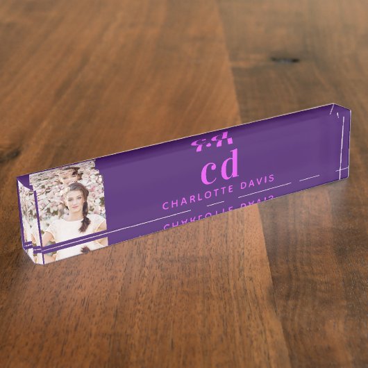 Foto lila rosa Monogramm Initialen elegant Namensplakette (Seite)