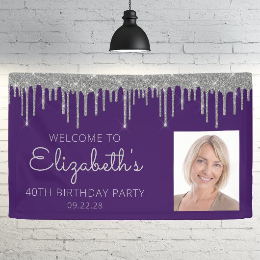 Foto Lila Silver Glitzer Tropfen 40. Geburtstag Banner