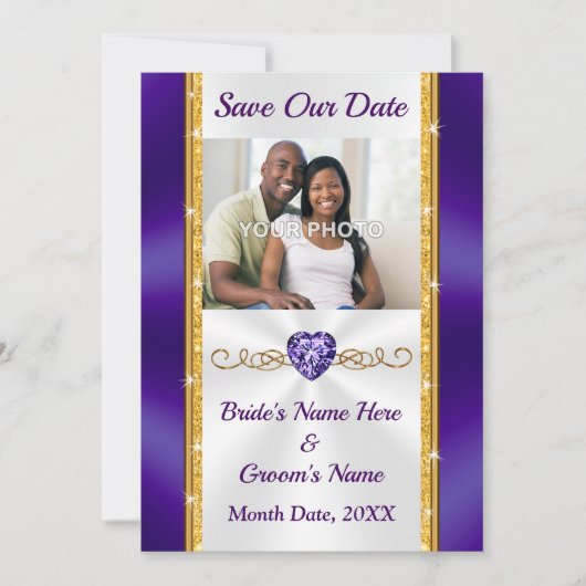 FOTO, Lila und Gold-Hochzeit Speichern Sie die Dat Einladung (Vorderseite)
