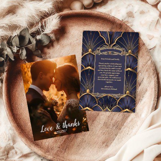 Foto Lila Vintag Art Déco Hochzeit Dankeskarte