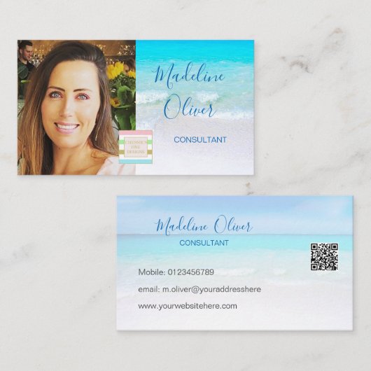 Foto Logo QR Code Ocean Beach Travel Blue Visitenkarte (Vorne/Hinten)