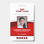 Foto Logo Red Template Employee Name Nurse ID Ausweis<br><div class="desc">Erstellen Sie Ihre eigenen, personalisierten Namensschilder und Abzeichen für Ihre Mitarbeiter auf dieser benutzerfreundlichen, modernen Vorlage, mit der Sie Ihr eigenes Foto, Ihr Firmenlogo und andere wichtige Unternehmensinformationen hinzufügen können. Während das ausgeklügelte Design auf diesen vertikalen beruflichen Namensschildern für Ärzte, Krankenschwestern und andere medizinische Fachkräfte gezeigt wird, können die Informationen...</div>