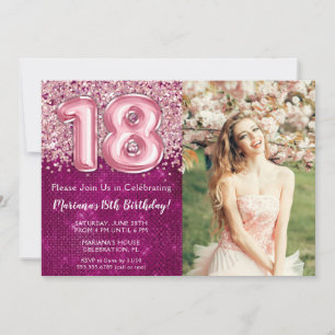 Foto Mädchen Magenta Pink Glitter 18. Geburtstag Einladung
