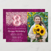 Foto Magenta Pink Glitzer 8. Geburtstag Einladung (Vorne/Hinten)