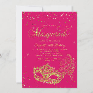 Foto Magenta Pink Gold Maskenball Geburtstag Einladung