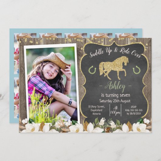 Foto Magnolia Blumenstrauß Glitzer Pferd Geburtsta Einladung (Vorne/Hinten)