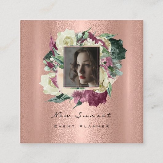 Foto Makeup Artist Wedding Event Floral Rose Gold Quadratische Visitenkarte (Vorderseite)