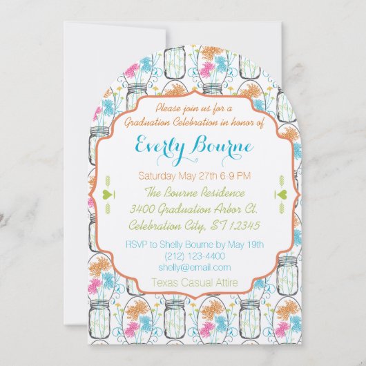 Foto Mason Jar Pink Coral Aqua Abschluss Einladung (Vorderseite)