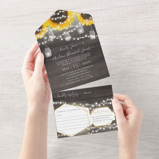 Foto Mason Jar Sonnenblumen Geometrischer Goldrahm All In One Einladung (Abreißen)