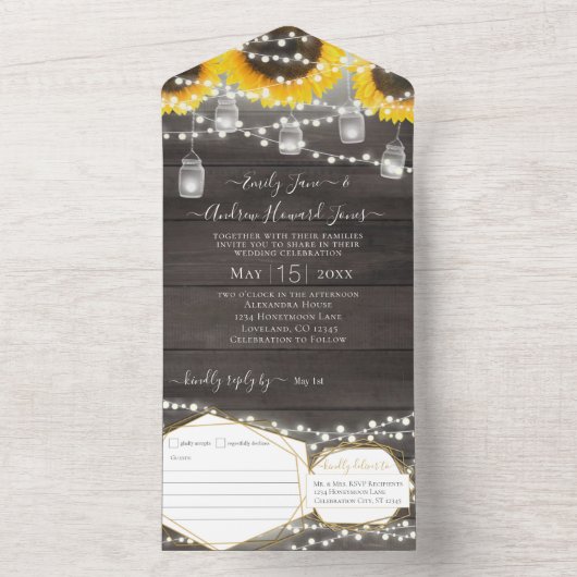 Foto Mason Jar Sonnenblumen Geometrischer Goldrahm All In One Einladung (Innen Boden)