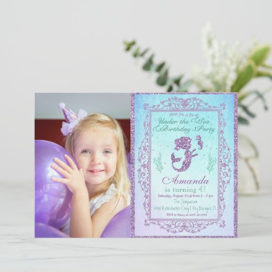 FOTO Meerjungfrau Pool Party Unter dem Meer Geburt Einladung (Stehend Vorderseite)