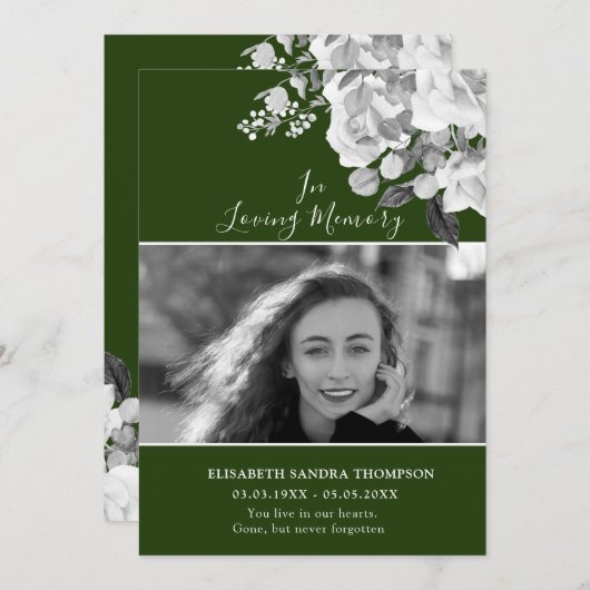 Foto Memorial Blumengrün-Rose-Gedicht-Karte Einladung (Vorne/Hinten)