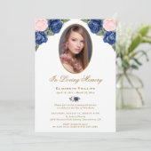 Foto Memorial Service Blue Pink Floral Einladung (Stehend Vorderseite)