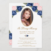 Foto Memorial Service Blue Pink Floral Einladung (Vorne/Hinten)