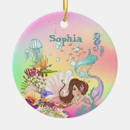 Foto Mermaid Dark Hair Pink Blau Niedlicher Regenb Keramik Ornament
