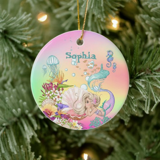 Foto Mermaid Pink Blue Niedlich Rainbow Keramik Ornament (Baum)