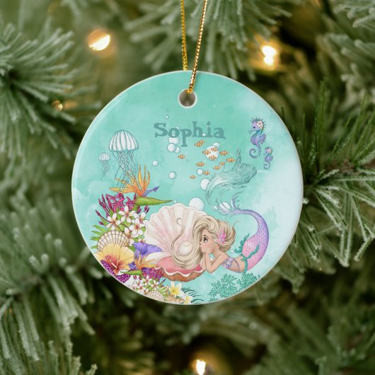 Foto Mermaid Pink Blue Niedliche Keramik Ornament (Baum)