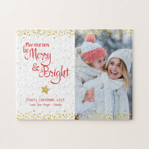 Foto Merry Bright Script Gold Glitzer Red Holiday Puzzle