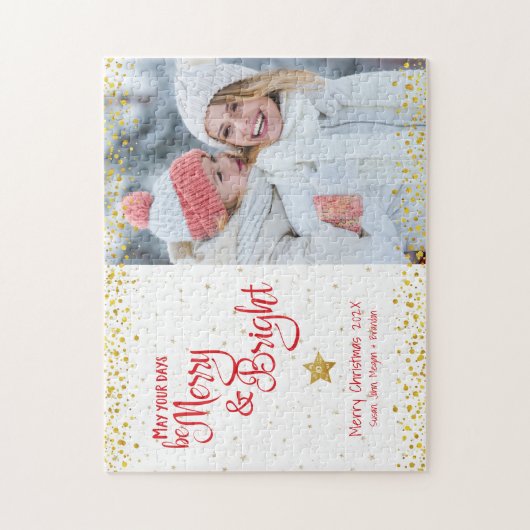 Foto Merry Bright Script Gold Glitzer Red Holiday Puzzle (Vertikal)