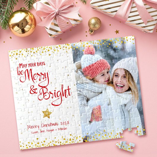 Foto Merry Bright Script Gold Glitzer Red Holiday Puzzle