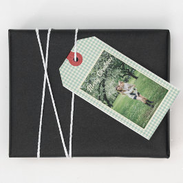 Foto Merry Christmas Green Kariert Gingham Rustic Geschenkanhänger