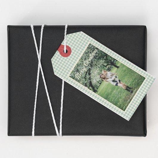 Foto Merry Christmas Green Kariert Gingham Rustic Geschenkanhänger