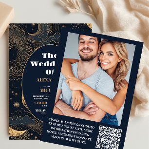 Foto Midnight Blue Gold Celestial Wedding Einladung