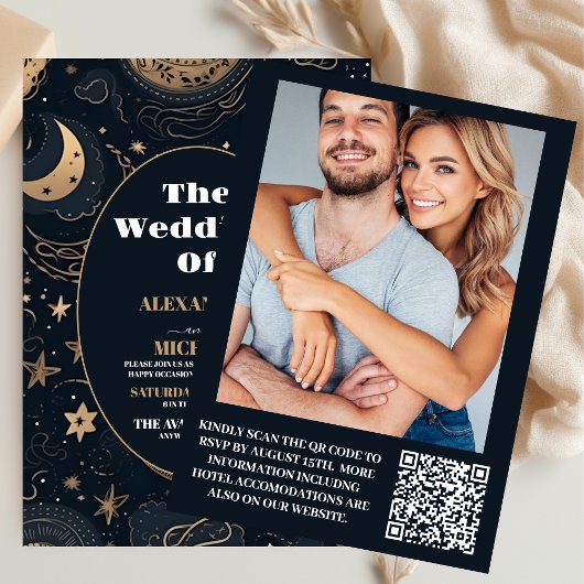 Foto Midnight Blue Gold Celestial Wedding Einladung