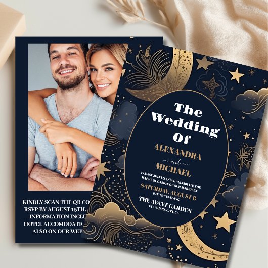 Foto Midnight Blue Gold Celestial Wedding Einladung